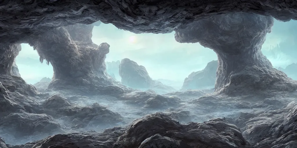 Prompt: an alien cave with swirling rock formations, 3d matte painting, concept art, highly detailed, photorealistic