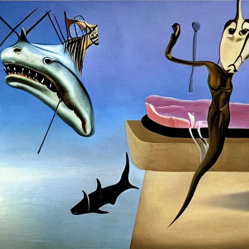 Image similar to sharks in the persistence of memory of salvador dali