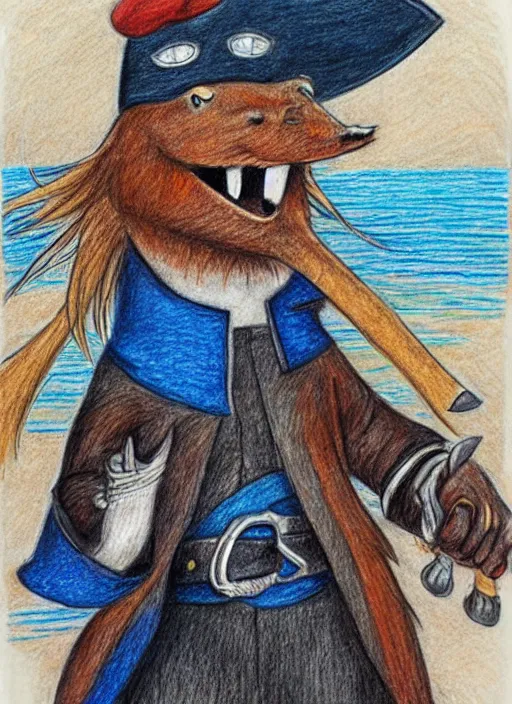 Image similar to detailed colored pencil drawing of a anthropomorphic capybara as a pirate
