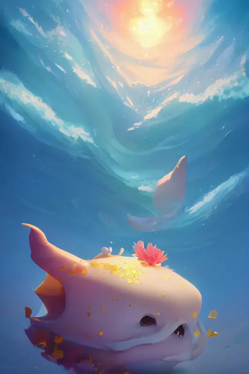 Image similar to a very cute sea slug with flying petals of gold, by rhads, makoto shinkai and lois van baarle, johannes voss, low angle fisheye view, eerie night mist sky whith plump white clouds, elegant, highly detailed, artstation, 8 k, unreal engine, hdr, concept art, volumetric lighting matte