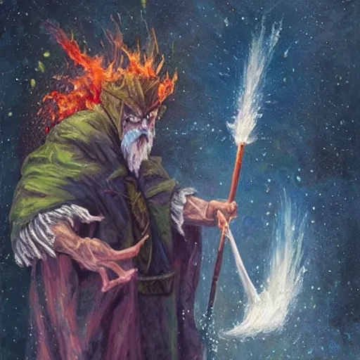 Image similar to Trash wizard conjures garbage comets to destroy his foes and make them stinky, realistic oil painting, fantastic