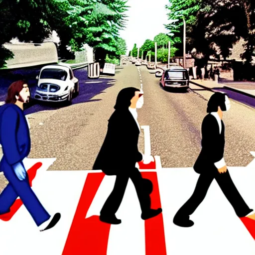 Image similar to 4 men walking on crosswalk on abbey road, city, digital art, 8 k.