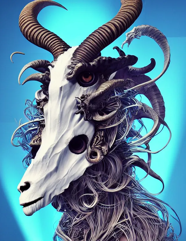 Image similar to 3 d goddess goat skull half - turn portrait with long hair with ram skull. beautiful intricately detailed japanese crow kitsune mask and clasical japanese kimono. betta fish, jellyfish phoenix, bio luminescent, plasma, ice, water, wind, creature, artwork by tooth wu and wlop and beeple and greg rutkowski