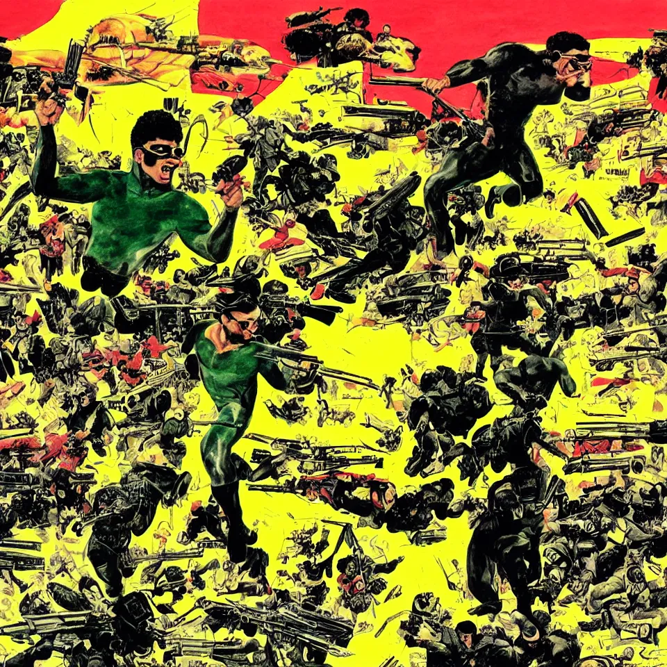 Prompt: a detailed comic book drawing of Luiz Inácio Lula da Silva wearing sunglasses and attacking Ana army of yellow and green fascists with a Ray gun, art by Frank Frazetta,