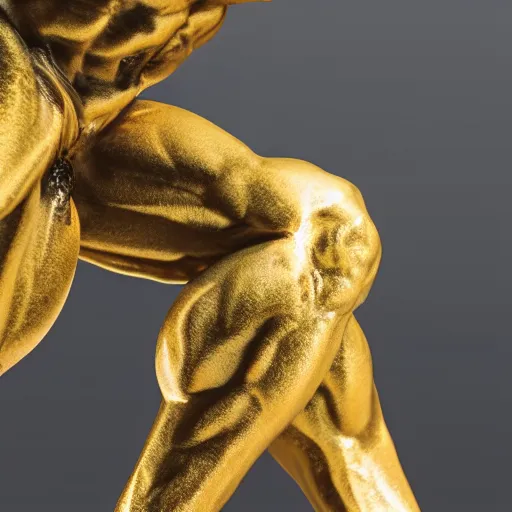 Image similar to stunning close up photograph of marble sculpture of strong masculine man's legs made of marble. Sculpture is on top of fine gold base, masculine texture background, 40mm lens, shallow depth of field, split lighting