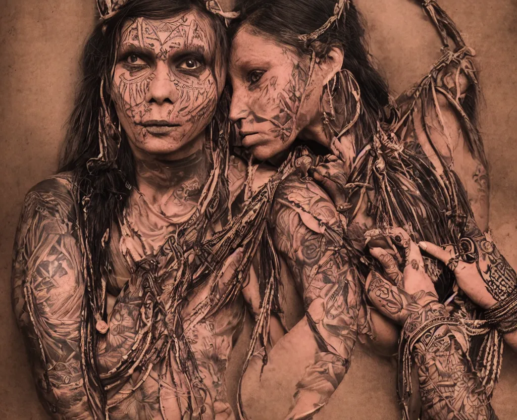 Image similar to portrait of a tattooed indian tribal woman being flogged by some britisher, ultra realistic photography, intricate details, eerie, highly detailed, photorealistic, octane render, 8 k, unreal engine