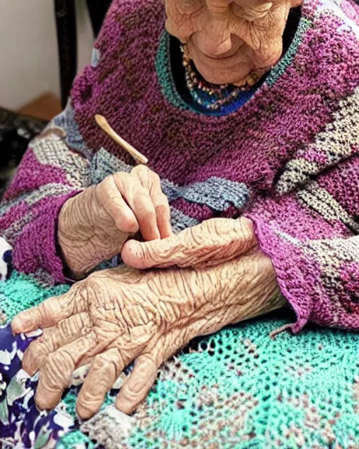 Image similar to a beautiful photograph of an elderly woman’s hands crocheting an Afghan, her hands are highly realistic and accurate.