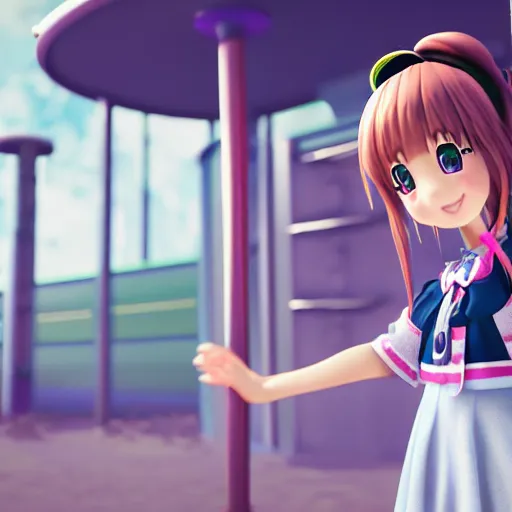 Image similar to cute anime elementary school girl playing on playground, unreal engine rendering, 4k
