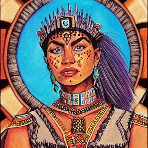 Prompt: Aztec princess portrait, painting by Moebius, concept art, intricate details