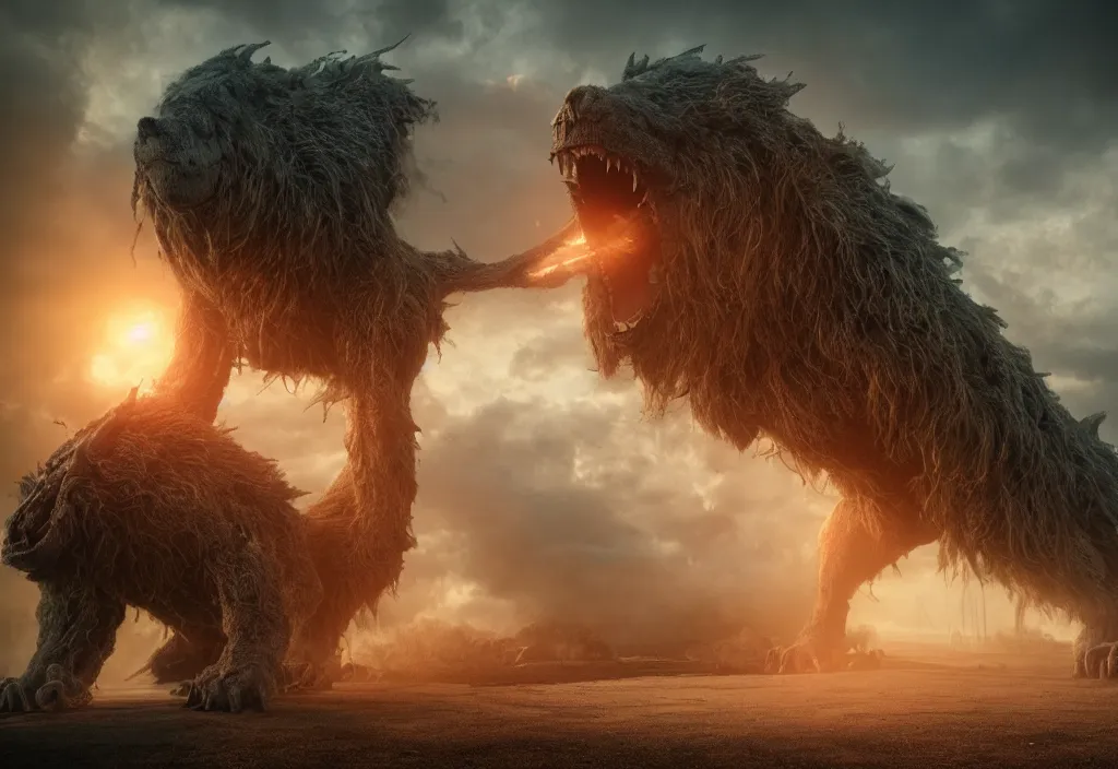 Image similar to vfx color film closeup, huge behemoth monster creature beast by aaron sims, in residential street, low - key lighting award winning photography arri alexa cinematography, hyper real photorealistic cinematic beautiful, atmospheric