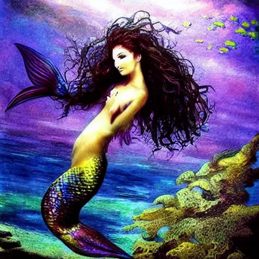 Prompt: beautiful dramatic epic painting of a mermaid goddess underwater