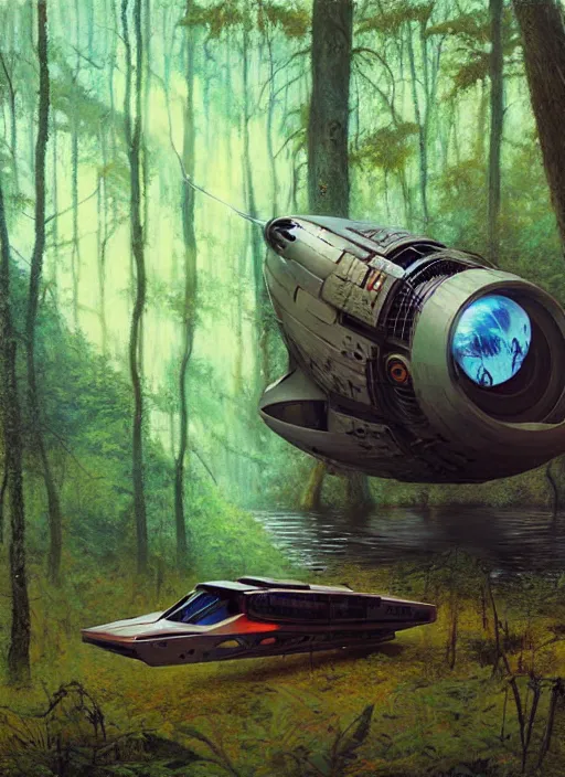 Image similar to hyper realistic spaceship in the woods by a river gorgeous lighting, lush forest foliage blue sky a hyper realistic painting by chiara bautista and beksinski and norman rockwell and greg rutkowski, weta studio, and lucasfilm