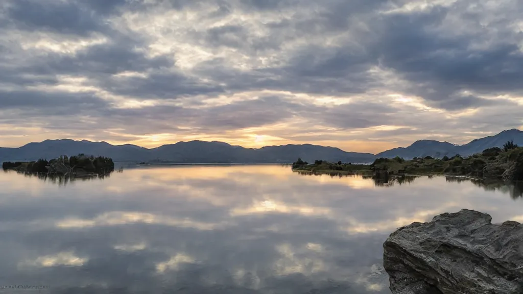 Prompt: tranquil mesmerizing calm lake at sunset detailed, 8k, mesmerizing, low saturation, high resolution