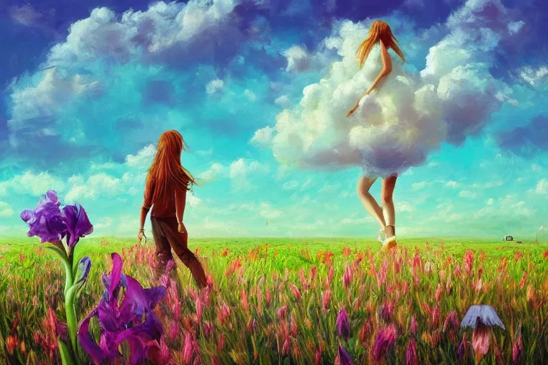 Image similar to giant gladiola head, girl walking in field of flowers, surreal photography, sunrise, blue sky, dramatic light, impressionist painting, digital painting, artstation, simon stalenhag