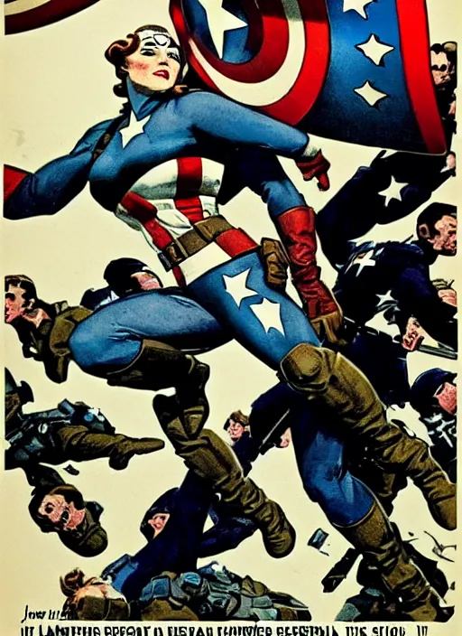 Prompt: beautiful female captain america standing on a pile of defeated, beaten and broken nazi soldiers. feminist captain america wins wwii. american wwii propaganda poster by james gurney. gorgeous face. overwatch
