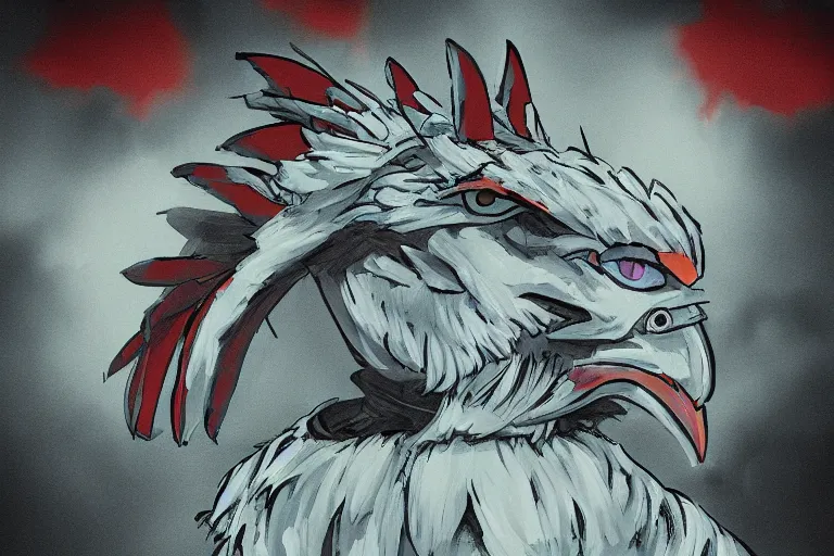 Prompt: digital painting of a heavily armoured mechanical angry rooster by studio ghibli, cinematic lighting, ominous, livid colors