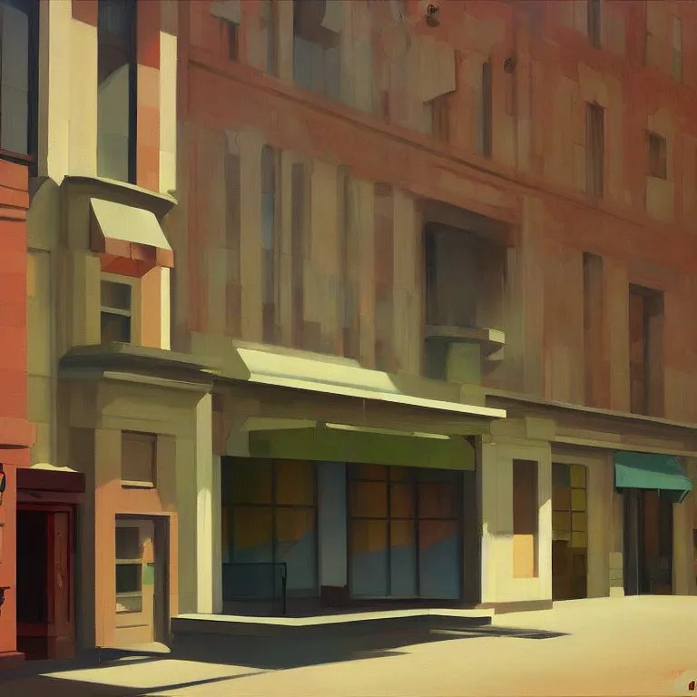 Image similar to morning watefall in an empty city, , painted by Edward Hopper, painted by James Gilleard, airbrush