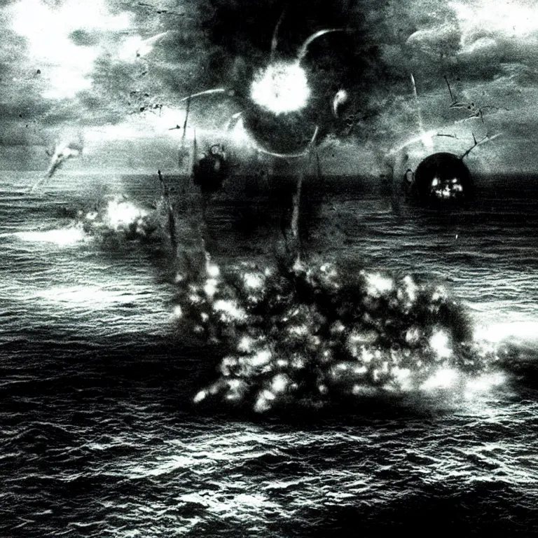 Prompt: “a vintage photograph of technological weapons melting over the sea, photorealistic, horror, Romero”