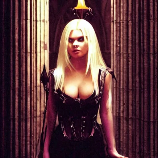 Image similar to elisha cuthbert as a female demon in a gloomy gothic cathedral at night