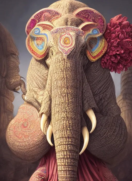 Image similar to an anthropomorphic beautiful goddess female wizard made of elephant portrait holding a staff wearing colourful robe, fine art, award winning, intricate, elegant, sharp focus, octane render, hyperrealistic, cinematic lighting, highly detailed, digital painting, 8 k concept art, art by jamie hewlett and z. w. gu, masterpiece, trending on artstation, 8 k