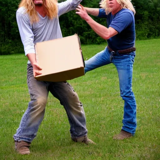 Prompt: a long - haired blonde hillbilly fighting against a cardboard boxman