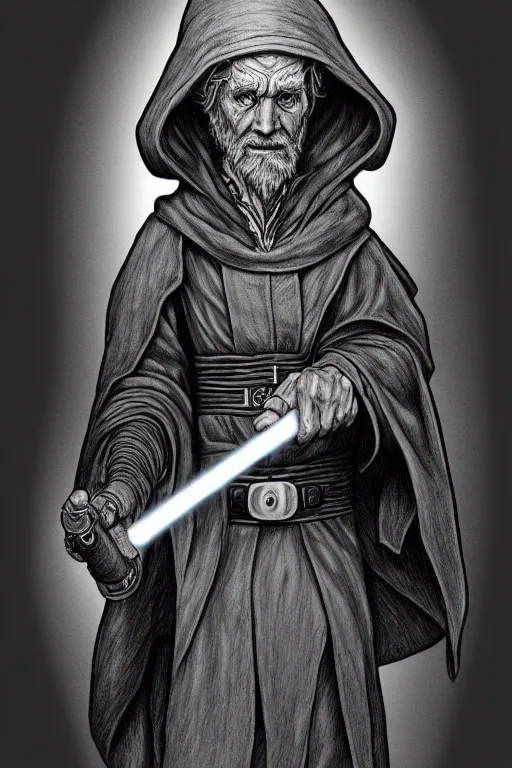 Prompt: a line drawing of an old jedi knight joe fenton, trending on artstation, realistic rendering