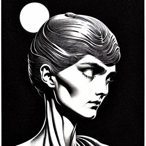 Image similar to medium portrait soft light, by bernie wrightson and joe fenton, inspired by ceramic robots mythology, etching, fine, sharp high detail, duotone screen print,