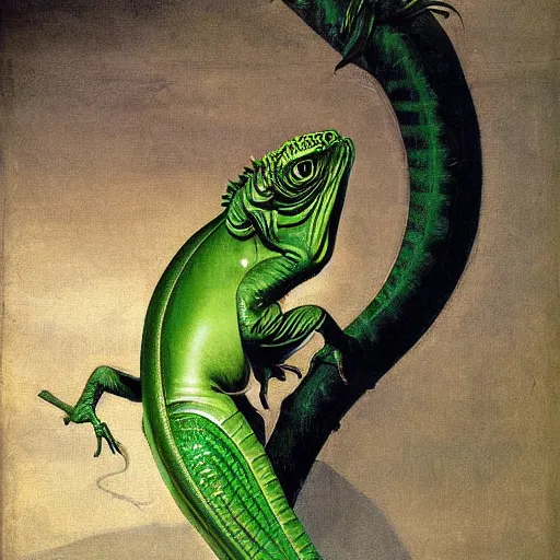 Image similar to majestic painting of a green basilisk by Michelangelo Merisi da Caravaggio