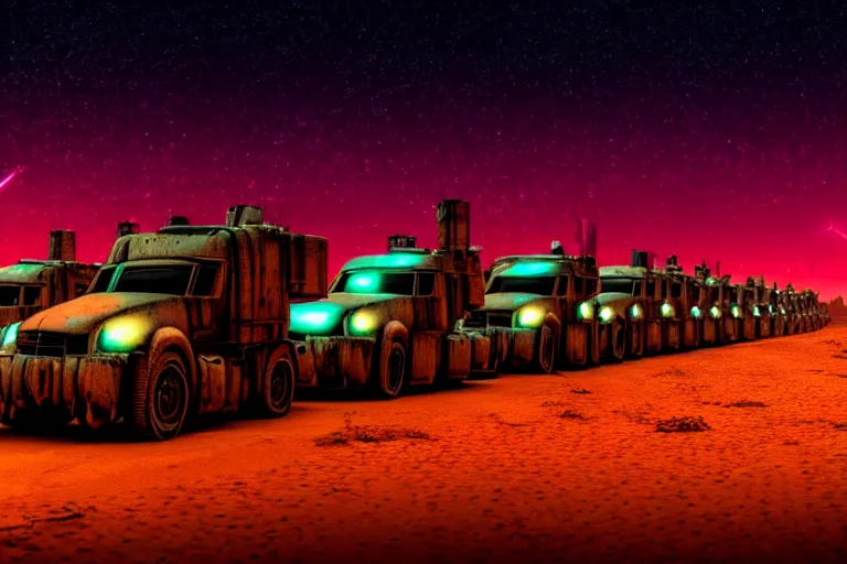 Prompt: photo of a convoy of cyberpunk vehicles moving through a star lit desert, dystopian, grimy, rusted