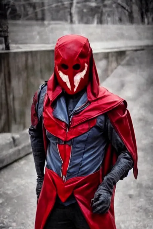 Image similar to red hood cosplay, creepy, disturbing