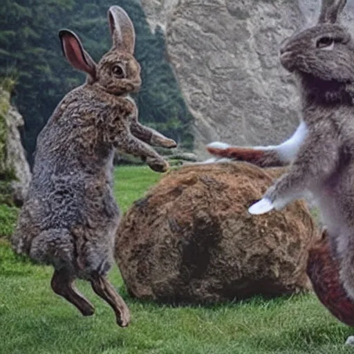 Prompt: intense battle between bipedal bunnies and humanoid eagles