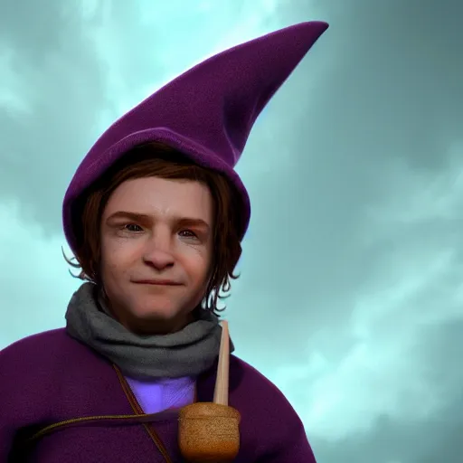 Prompt: portrait of lightfoot halfling wizard, brown hair, purple robes, holding blue wand, trending on artstation, cinematic lighting, hyper realism, octane render, 8 k, hyper detailed