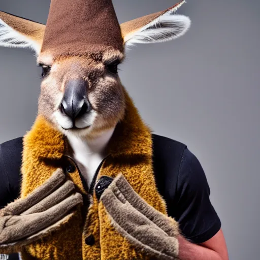Prompt: a photo of a buff kangaroo wearing a hunters hat and vest, standing tall and strong with a hunters hat and vest, studio photography, 8 k
