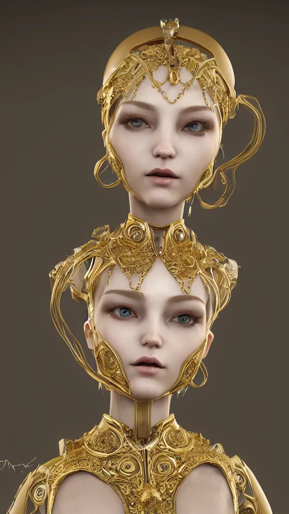 Image similar to ornate porcelain android woman doll, platinum jewellery, intricate gold trimmings, elegant, highly detailed, artstation, concept art, sharp focus, illustration, 3d total, unreal engine, vfx, octane render