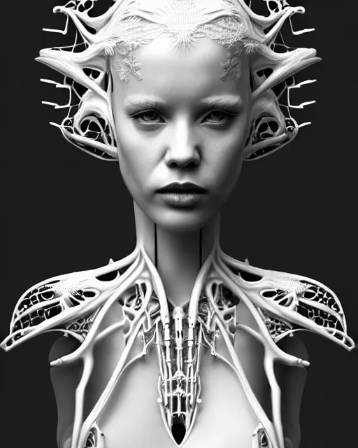 Prompt: bw 3 d render, stunning beautiful young angelic cute biomechanical albino female cyborg with a porcelain profile face, rim light, big leaves and stems, roots, fine foliage lace, alexander mcqueen, art nouveau fashion embroidered, steampunk, silver filigree details, hexagonal mesh wire, mandelbrot fractal, elegant, artstation trending