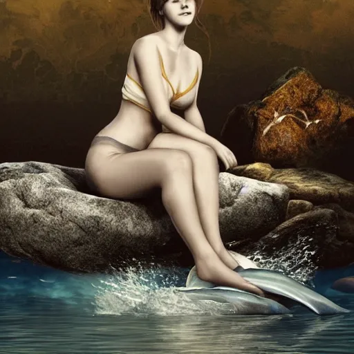 Image similar to emma watson mermaid sitting on a rock in the middle of the sea, trending on artstation, by 翼次方CG