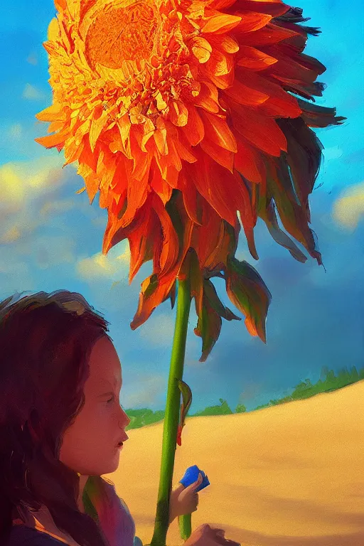 Image similar to closeup girl with huge dahlia flower head, portrait on beach, surreal photography, blue sky, sunrise, dramatic light, impressionist painting, digital painting, artstation, simon stalenhag
