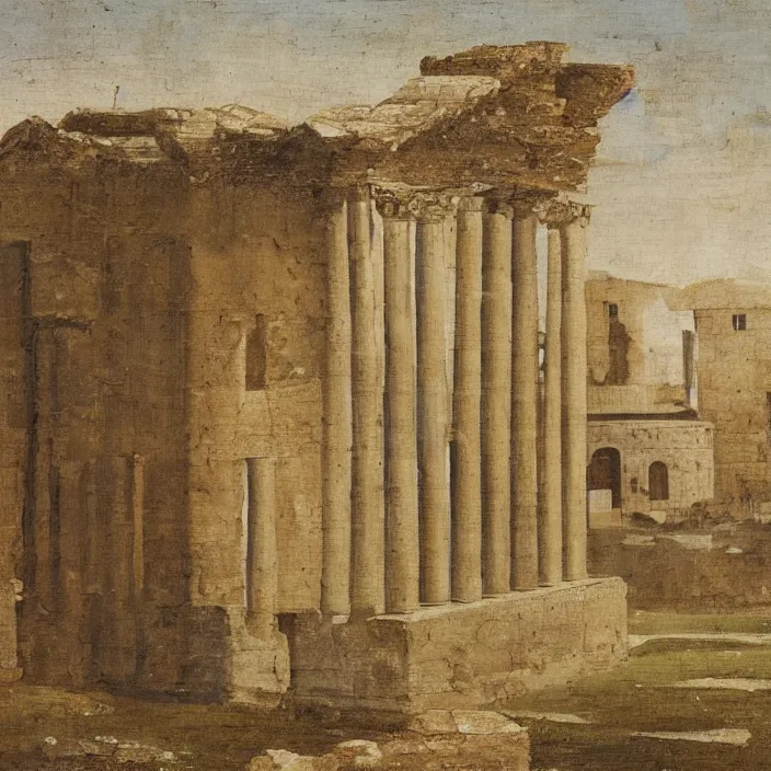 Image similar to a building in a serene landscape, ancient roman painting