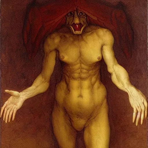 Image similar to puissant physique demonic crow wearing a devil costume Jan Van eyck leonardo da vinci odd nerdrum dragan bibin john steuart curry