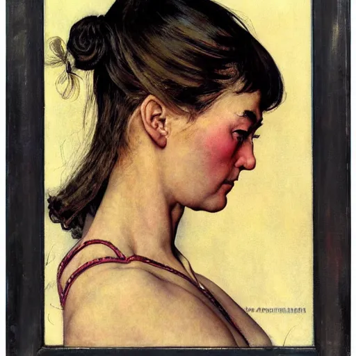 Prompt: A frontal portrait of a delicate, muscular and exhausted woman, by Norman Rockwell and Robert McGinnis.