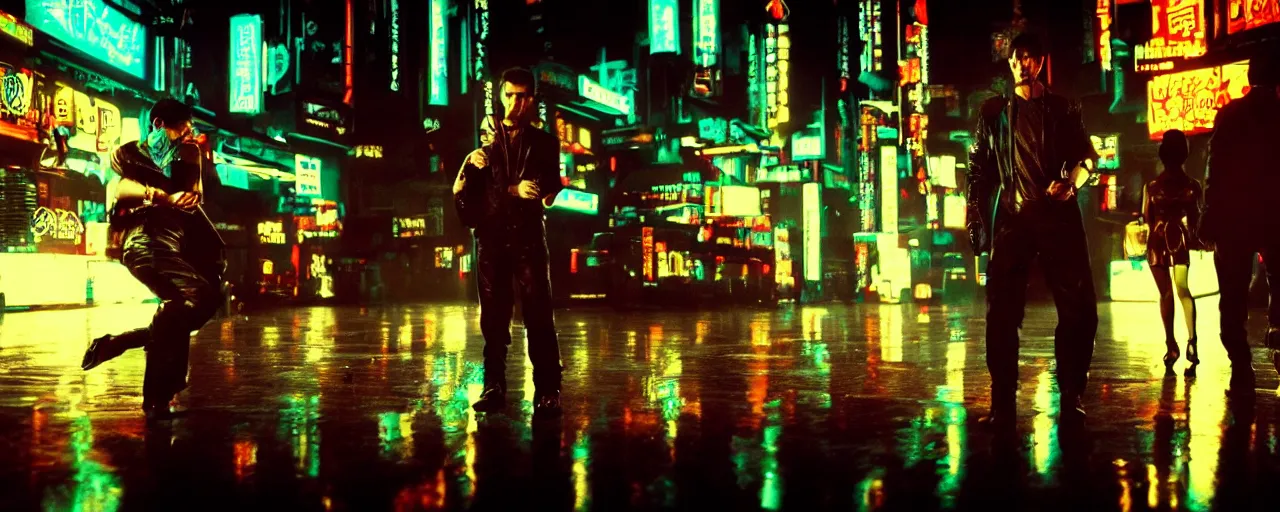 Image similar to gangster in cyberpunk night adult club, 3 5 mm, low angle, blade runner, akira, cinematic angle, cinematic lighting, reflections, action, fight