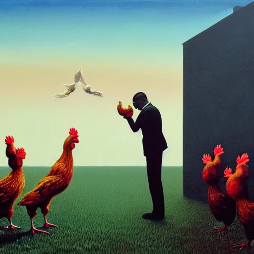 Prompt: gustavo fring and chickens as a zdzisław beksinski painting