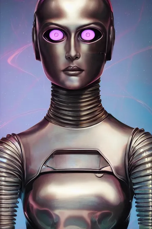 Image similar to retro-futuristic female android in old scratched chrome armour, vintage used look, facial portrait, rim light, ornate pattern, glowing eyes, evil expression, painting by vincent di fate, artgerm julie bell beeple, Smooth gradients, High contrast, depth of field, very coherent symmetrical artwork