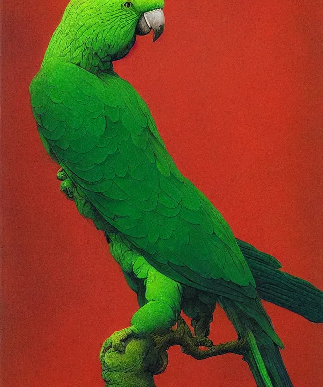 Image similar to beautiful emerald green parrot with red aura and eyes, by zdzisław beksinski, by gustave dore