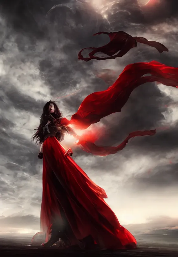 Image similar to a beautiful fierce long black haired woman wearing red dress wielding black sword posing heroically, heavenly moonlit clouds background, close up shot, artstation, extremely detailed woman, stunning volumetric lighting, hyper realism, fantasy 4k