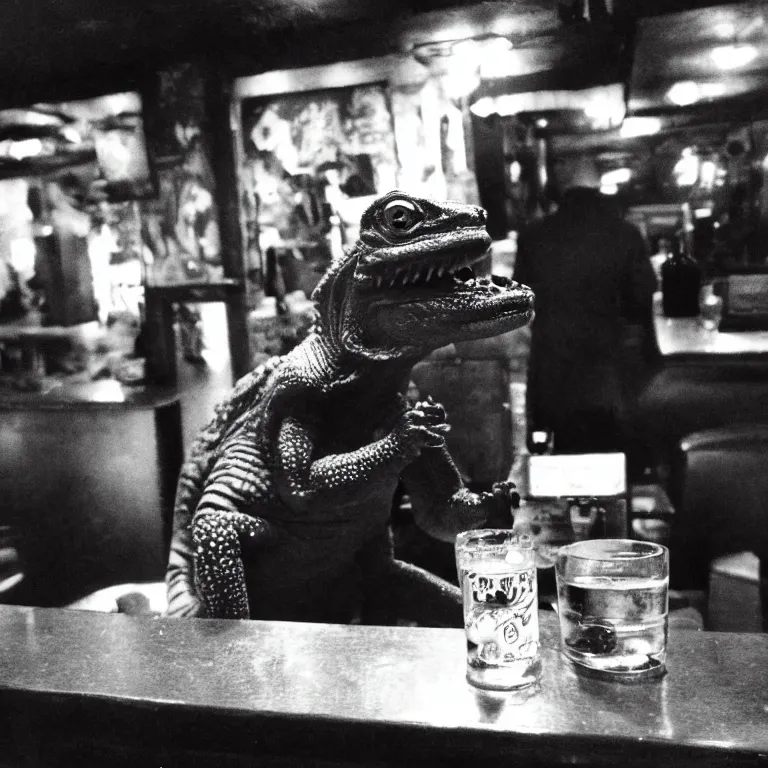 Prompt: Sepia medium shot shallow depth of field hyperrealistic street photography of an aging Lizard Kaiju wearing a fancy suit drinking a Mai Tai in a dark dive bar by Lisette Model by Diane Arbus in 1957, grainy shocking detail hyperrealistic trending on artstation