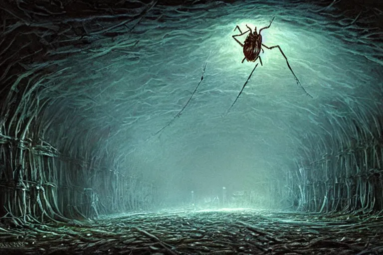 Prompt: a monstrous spider in a dark tunnel, cobwebs, atmospheric, in the style of bob eggleton, dramatic lighting, low angle, wide angle, hyper - realistic, highly detailed digital art