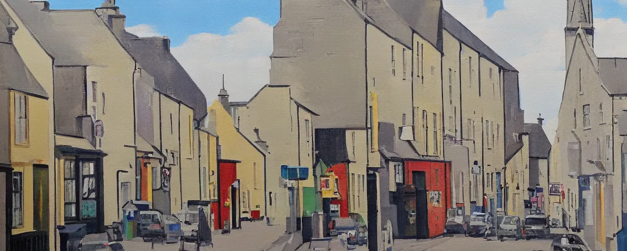 Prompt: a painting of street life in kirkwall orkney, neat, precise, detailed, accurate, realistic, meticulous