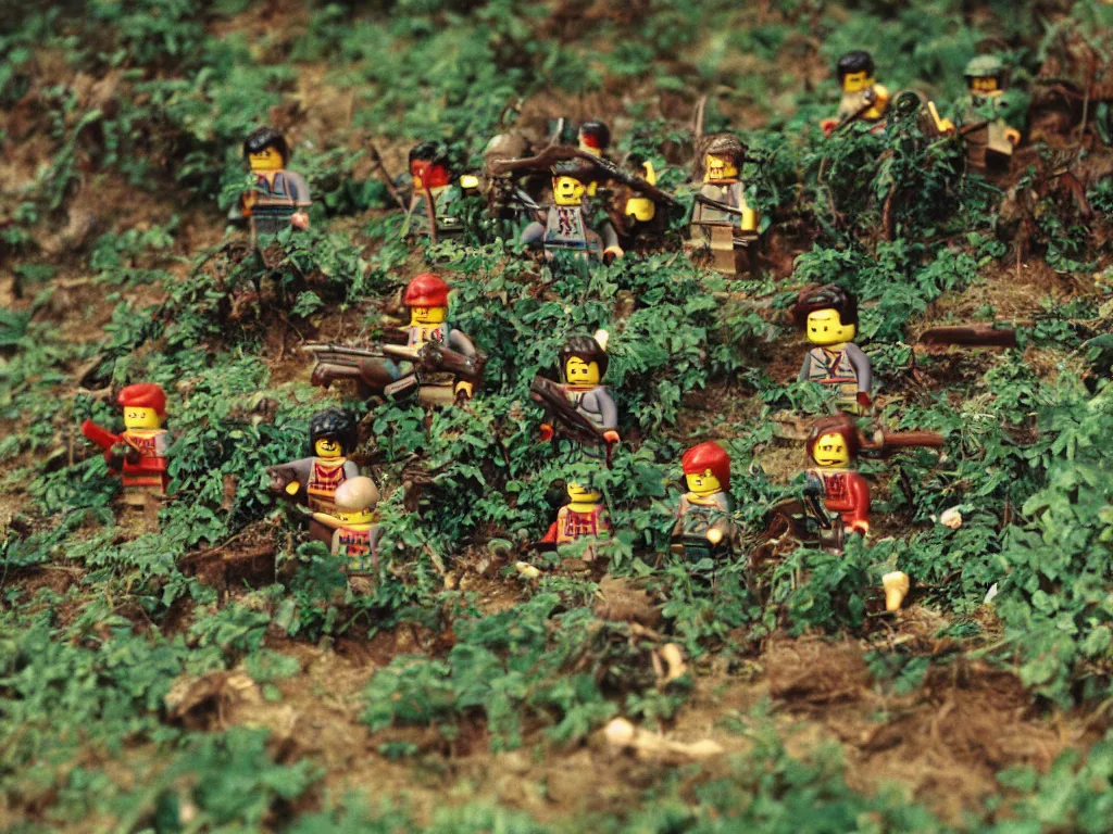 Prompt: vietnam war lego - figurines fighting in dense jungle, fog, vines, lot's of action, explosions, bullets flying, tracer bullets, blood, 1 9 7 0, military archive photo