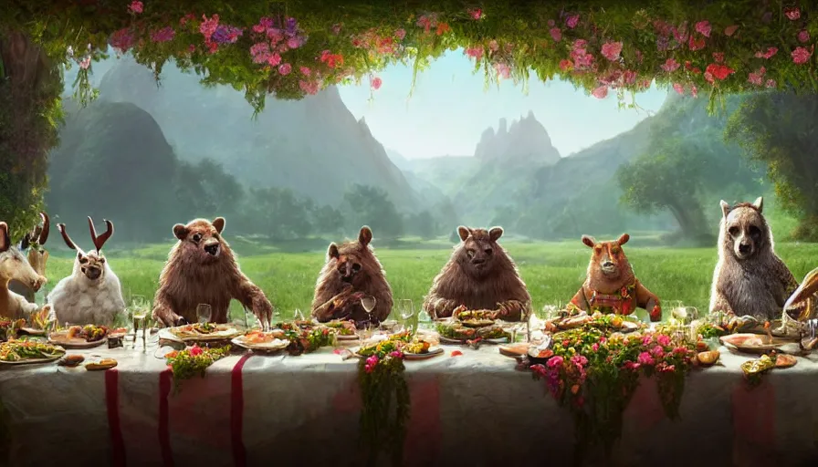 Image similar to a table dinner of animals where animals are dressed like the characters from the midsommar movie wearing flowers, realistic detailed digital art by maxwell boas jessica rossier christian dimitrov anton fadeev trending on artstation cgsociety rendered in unreal engine 4 k hq